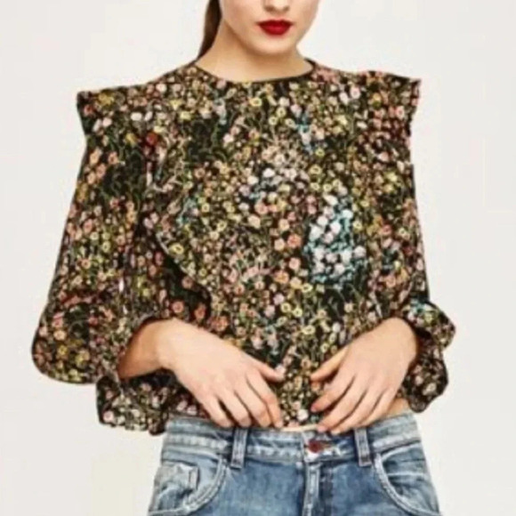 ZARA Floral Black Long Sleeve Ruffle Blouse Small - Picture 1 of 10